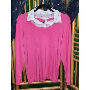 Kim Rogers Petite PL Pink Crewneck Sweater Faux Collar Polka Dot Layered Look